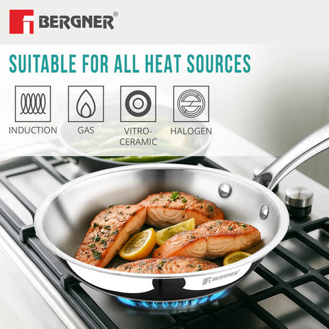 Bergner Argent Tri-Ply Stainless Steel Frypan 22 cm (BG-9947) – Scratch Resistant, Less Oil Use, Stay Cool Handle, Easy to Clean
