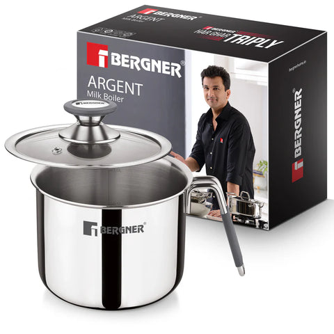 Bergner Argent Triply Stainless Steel 12cm (1 L) Milk Boiler with Glass Lid, Steam Vent, Flared Rim, Stay Cool Cast Handle with Silicone Grip, Even and Faster Heating, Easy to Clean - Induction Bottom
