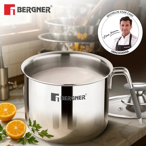 Bergner Argent Triply Stainless Steel 12cm (1 L) Milk Boiler with Glass Lid, Steam Vent, Flared Rim, Stay Cool Cast Handle with Silicone Grip, Even and Faster Heating, Easy to Clean - Induction Bottom