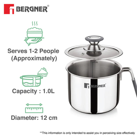 Bergner Argent Triply Stainless Steel 12cm (1 L) Milk Boiler with Glass Lid, Steam Vent, Flared Rim, Stay Cool Cast Handle with Silicone Grip, Even and Faster Heating, Easy to Clean - Induction Bottom