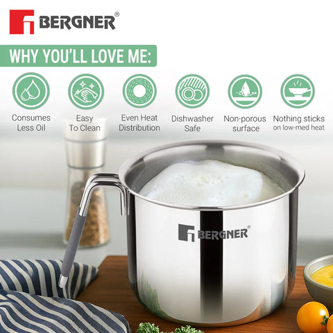 Bergner Argent Triply Stainless Steel 12cm (1 L) Milk Boiler with Glass Lid, Steam Vent, Flared Rim, Stay Cool Cast Handle with Silicone Grip, Even and Faster Heating, Easy to Clean - Induction Bottom