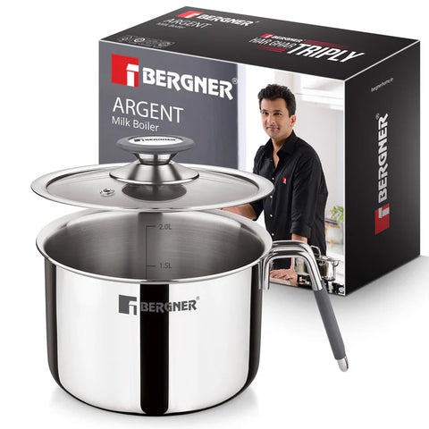 Bergner Argent Triply Stainless Steel 17cm (2.5L) Milk Boiler with Glass Lid, Steam Vent, Flared Rim, Stay Cool Cast Handle with Silicone Grip, Even and Faster Heating, Easy to Clean, Induction Bottom