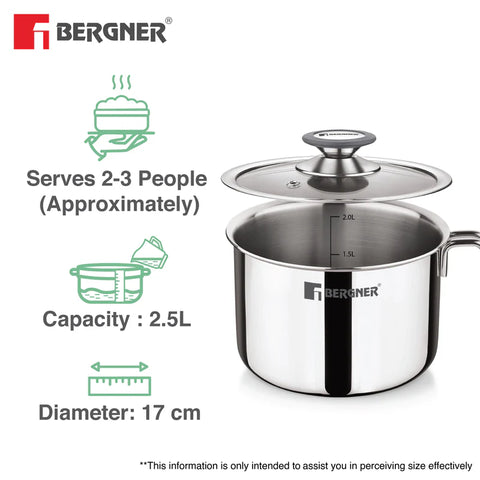 Bergner Argent Triply Stainless Steel 17cm (2.5L) Milk Boiler with Glass Lid, Steam Vent, Flared Rim, Stay Cool Cast Handle with Silicone Grip, Even and Faster Heating, Easy to Clean, Induction Bottom
