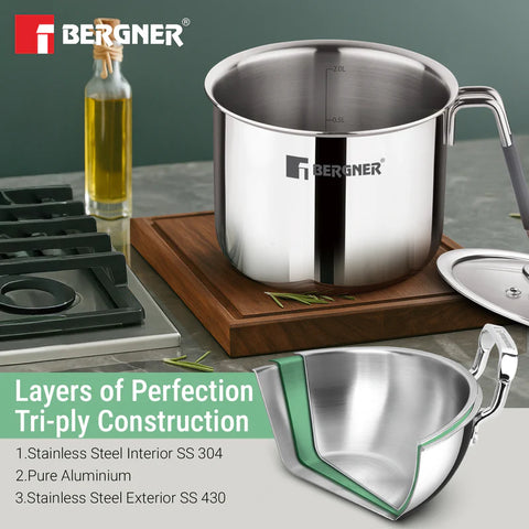 Bergner Argent Triply Stainless Steel 17cm (2.5L) Milk Boiler with Glass Lid, Steam Vent, Flared Rim, Stay Cool Cast Handle with Silicone Grip, Even and Faster Heating, Easy to Clean, Induction Bottom