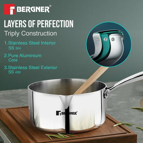 Bergner Argent Tri-Ply Stainless Steel Milkpan/Saucepan - Induction Bottom 2.3ltr 18cm BGIN-1302