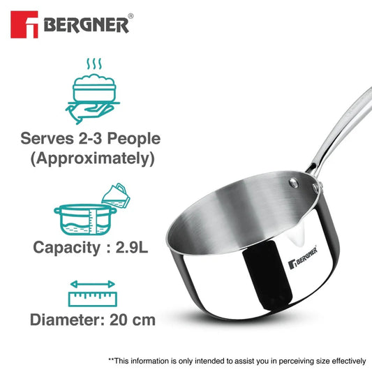 Bergner Argent Tri-Ply Stainless Steel Milkpan/Saucepan - Induction Bottom 2.ltr 20cm BGIN-1303