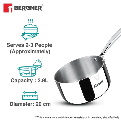 Bergner Argent Tri-Ply Stainless Steel Milkpan/Saucepan - Induction Bottom 2.ltr 20cm BGIN-1303