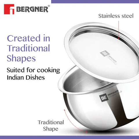 Bergner Essentials Tri-Ply Stainless Steel Rice Handi with Lid, Small, Even Heat Distribution, Induction & Gas Ready, Handle Free – 16cm (2 Litres) (BGIN-6243)