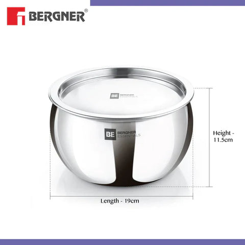 Bergner Essentials Tri-Ply Stainless Steel Rice Handi with Lid, Small, Even Heat Distribution, Induction & Gas Ready, Handle Free – 16cm (2 Litres) (BGIN-6243)