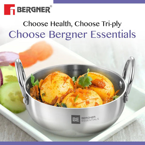 BE Essentials Tri-Ply Stainless Steel Junior Kadai Set of 3 Pcs - Gas Stove Compatible