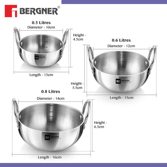 BE Essentials Tri-Ply Stainless Steel Junior Kadai Set of 3 Pcs - Gas Stove Compatible