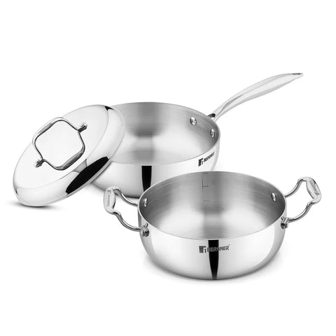 Bergner Argent Saira Saiba Triply Stainless Steel 3 Pcs Cookware Set - 22 cm (2.5 L) Multi Frypan, 22 cm (3 L) Casserole and Common Stainless Steel Lid, Cook and Serve, Less Oil Use - Induction Bottom