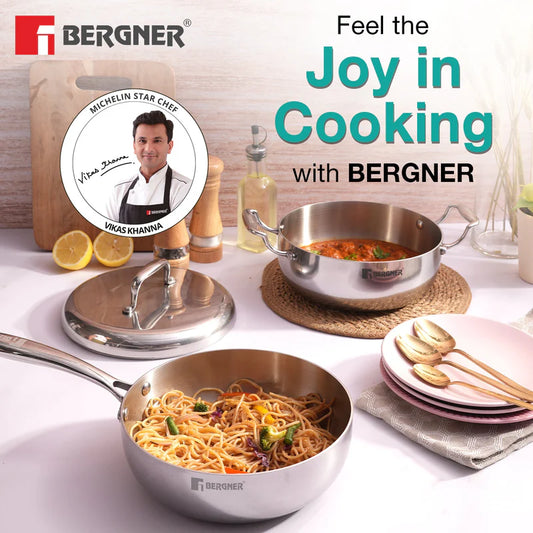 Bergner Argent Saira Saiba Triply Stainless Steel 3 Pcs Cookware Set - 22 cm (2.5 L) Multi Frypan, 22 cm (3 L) Casserole and Common Stainless Steel Lid, Cook and Serve, Less Oil Use - Induction Bottom