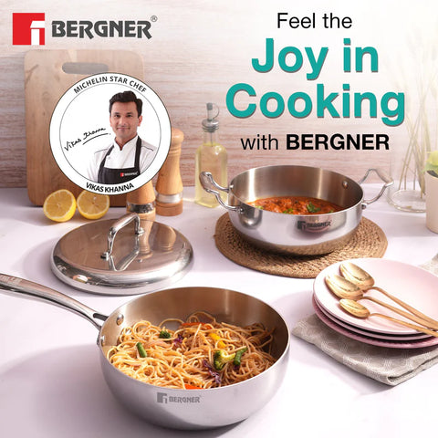 Bergner Argent Saira Saiba Triply Stainless Steel 3 Pcs Cookware Set - 22 cm (2.5 L) Multi Frypan, 22 cm (3 L) Casserole and Common Stainless Steel Lid, Cook and Serve, Less Oil Use - Induction Bottom