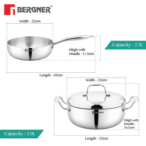 Bergner Argent Saira Saiba Triply Stainless Steel 3 Pcs Cookware Set - 22 cm (2.5 L) Multi Frypan, 22 cm (3 L) Casserole and Common Stainless Steel Lid, Cook and Serve, Less Oil Use - Induction Bottom