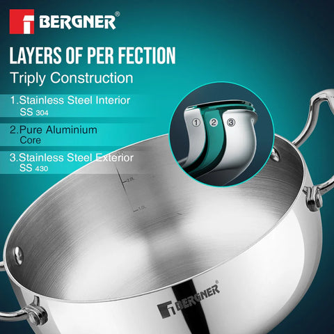 Bergner Argent Saira Saiba Triply Stainless Steel 3 Pcs Cookware Set - 22 cm (2.5 L) Multi Frypan, 22 cm (3 L) Casserole and Common Stainless Steel Lid, Cook and Serve, Less Oil Use - Induction Bottom