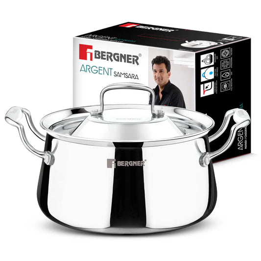Bergner Argent Samsara Triply Rice Handi / Casserole with Stainless Steel Lid 24cm (5.5L) Traditional Shape Stay Cool Cast Handles Consumes Less Oil Healthy Cooking - Induction and Gas Stove Ready