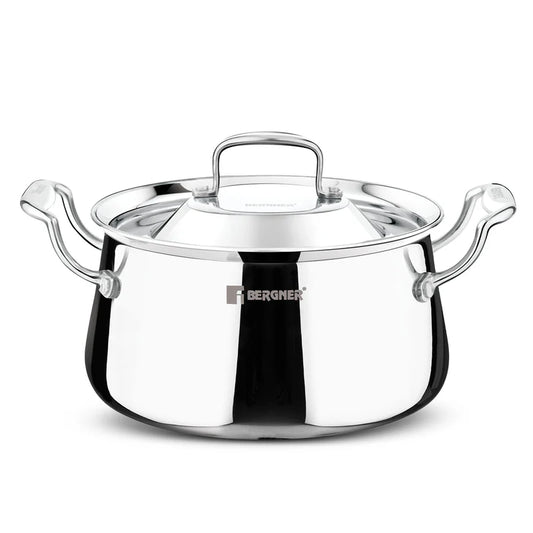 Bergner Argent Samsara Triply Rice Handi / Casserole with Stainless Steel Lid 24cm (5.5L) Traditional Shape Stay Cool Cast Handles Consumes Less Oil Healthy Cooking - Induction and Gas Stove Ready