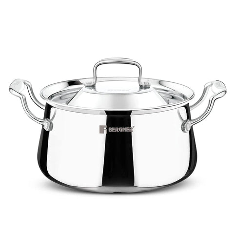 Bergner Argent Samsara Triply Rice Handi / Casserole with Stainless Steel Lid 24cm (5.5L) Traditional Shape Stay Cool Cast Handles Consumes Less Oil Healthy Cooking - Induction and Gas Stove Ready