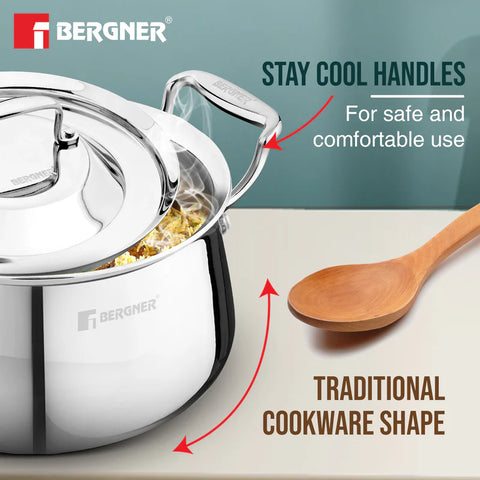 Bergner Argent Samsara Triply Rice Handi / Casserole with Stainless Steel Lid 24cm (5.5L) Traditional Shape Stay Cool Cast Handles Consumes Less Oil Healthy Cooking - Induction and Gas Stove Ready