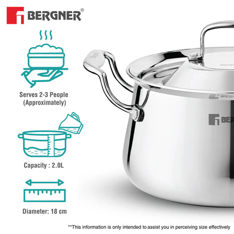 Bergner Argent Samsara Triply Stainless Steel 18cm (2.8 L) Biryani Handi, Cook and Serve Belly Shape Rice Handi, Consumes Less Oil, Healthy Cooking, Even and Faster Heating - Induction Bottom