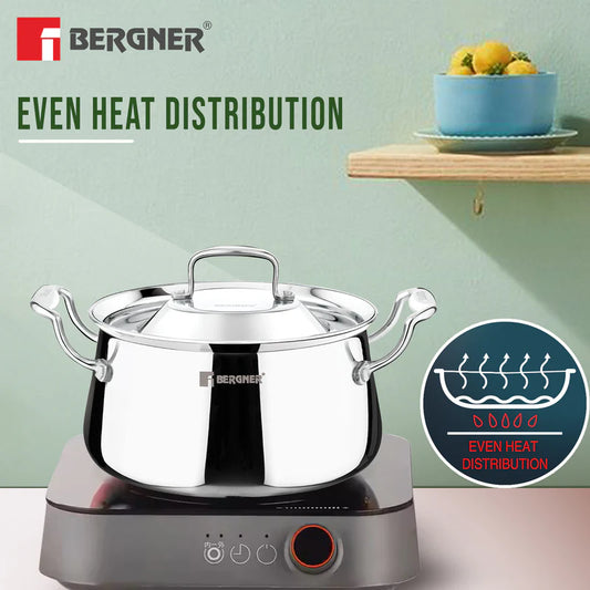 Bergner Argent Samsara Triply Stainless Steel 18cm (2.8 L) Biryani Handi, Cook and Serve Belly Shape Rice Handi, Consumes Less Oil, Healthy Cooking, Even and Faster Heating - Induction Bottom