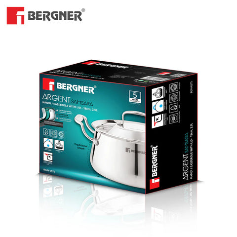 Bergner Argent Samsara Triply Stainless Steel 18cm (2.8 L) Biryani Handi, Cook and Serve Belly Shape Rice Handi, Consumes Less Oil, Healthy Cooking, Even and Faster Heating - Induction Bottom
