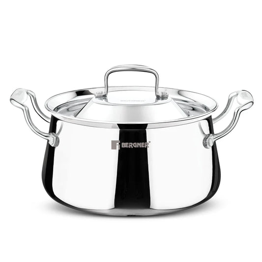 Bergner Argent Samsara Triply Stainless Steel 22cm (4.5 L) Biryani Handi, Cook and Serve Belly Shape Rice Handi, Consumes Less Oil, Healthy Cooking, Even and Faster Heating - Induction Bottom