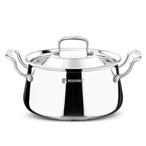Bergner Argent Samsara Triply Stainless Steel 22cm (4.5 L) Biryani Handi, Cook and Serve Belly Shape Rice Handi, Consumes Less Oil, Healthy Cooking, Even and Faster Heating - Induction Bottom