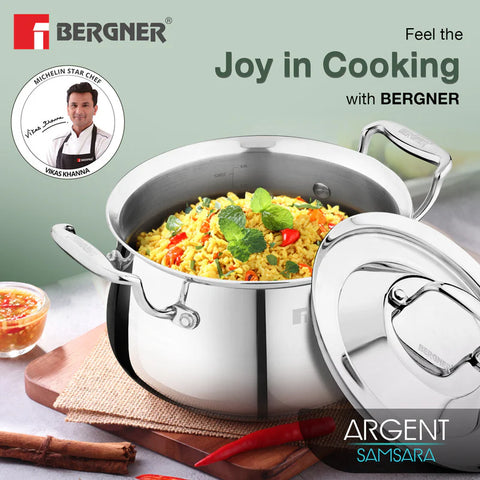 Bergner Argent Samsara Triply Stainless Steel 22cm (4.5 L) Biryani Handi, Cook and Serve Belly Shape Rice Handi, Consumes Less Oil, Healthy Cooking, Even and Faster Heating - Induction Bottom