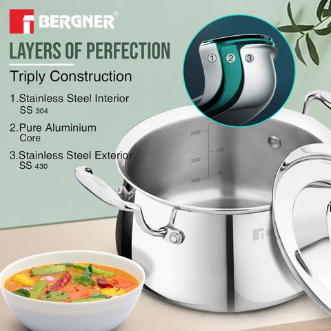 Bergner Argent Samsara Triply Stainless Steel 28cm (8.5 L) Biryani Handi / Cook and Serve Large Rice Handi / Casserole, Consumes Less Oil, Healthy Cooking, Even and Faster Heating - Induction Bottom