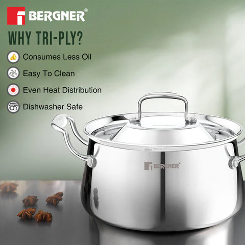 Bergner Argent Samsara Triply Stainless Steel 28cm (8.5 L) Biryani Handi / Cook and Serve Large Rice Handi / Casserole, Consumes Less Oil, Healthy Cooking, Even and Faster Heating - Induction Bottom