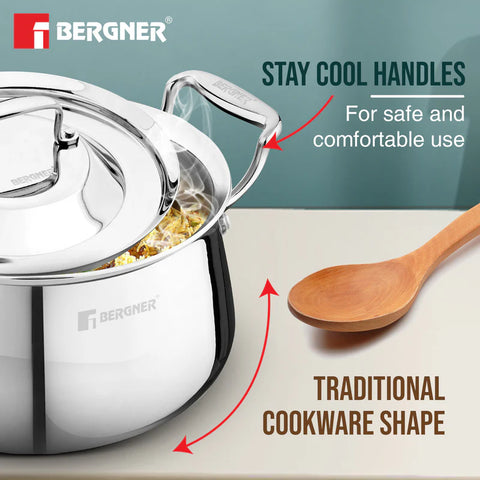 Bergner Argent Samsara Triply Stainless Steel 28cm (8.5 L) Biryani Handi / Cook and Serve Large Rice Handi / Casserole, Consumes Less Oil, Healthy Cooking, Even and Faster Heating - Induction Bottom