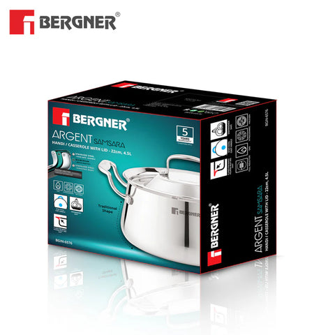 Bergner Argent Samsara Triply Stainless Steel 22cm (4.5 L) Biryani Handi, Cook and Serve Belly Shape Rice Handi, Consumes Less Oil, Healthy Cooking, Even and Faster Heating - Induction Bottom