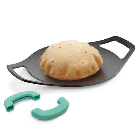 Bergner Eco Cast Iron 24cm Concave Tawa / Roti Tawa, Pre-Seasoned, Even Heat Distribution, Comes with Silicone Sleeves - Induction Compatible