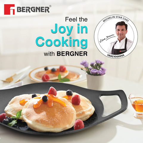 Bergner Eco Cast Iron 24cm Concave Tawa / Roti Tawa, Pre-Seasoned, Even Heat Distribution, Comes with Silicone Sleeves - Induction Compatible
