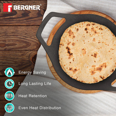 Bergner Eco Cast Iron 24cm Concave Tawa / Roti Tawa, Pre-Seasoned, Even Heat Distribution, Comes with Silicone Sleeves - Induction Compatible