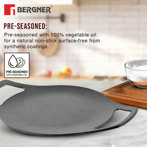 Bergner Eco Cast Iron 24cm Concave Tawa / Roti Tawa, Pre-Seasoned, Even Heat Distribution, Comes with Silicone Sleeves - Induction Compatible