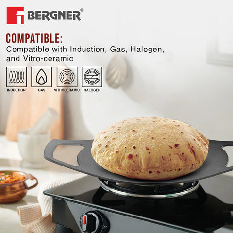 Bergner Eco Cast Iron 24cm Concave Tawa / Roti Tawa, Pre-Seasoned, Even Heat Distribution, Comes with Silicone Sleeves - Induction Compatible