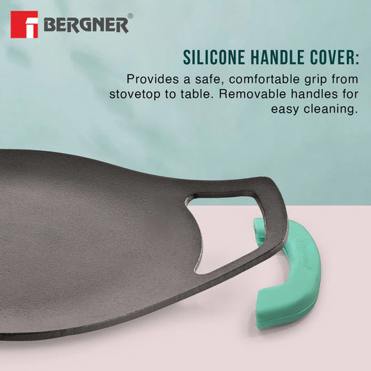 Bergner Eco Cast Iron 24cm Concave Tawa / Roti Tawa, Pre-Seasoned, Even Heat Distribution, Comes with Silicone Sleeves - Induction Compatible