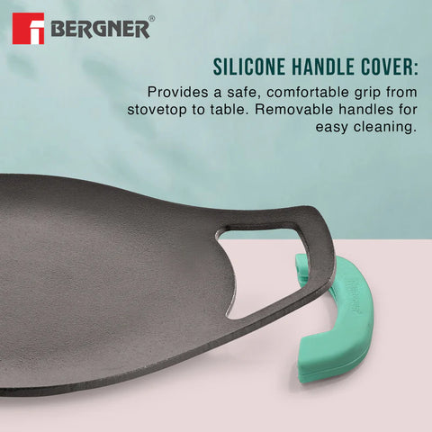 Bergner Eco Cast Iron 24cm Concave Tawa / Roti Tawa, Pre-Seasoned, Even Heat Distribution, Comes with Silicone Sleeves - Induction Compatible