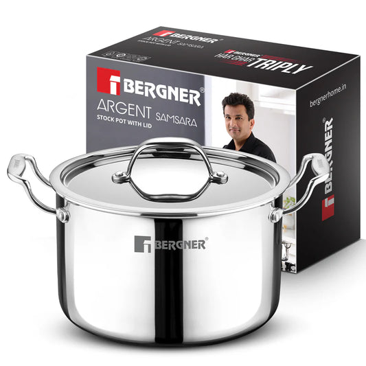 Bergner Argent Samsara Triply Stainless Steel 22cm (5L) Stock Pot with Lid Casserole with Stay Cool Cast Handles Less Oil Use Healthy Cooking Easy to Clean Full Induction Gas Stove Compatible