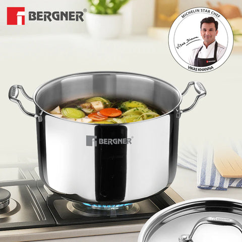 Bergner Argent Samsara Triply Stainless Steel 22cm (5L) Stock Pot with Lid Casserole with Stay Cool Cast Handles Less Oil Use Healthy Cooking Easy to Clean Full Induction Gas Stove Compatible
