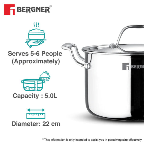Bergner Argent Samsara Triply Stainless Steel 22cm (5L) Stock Pot with Lid Casserole with Stay Cool Cast Handles Less Oil Use Healthy Cooking Easy to Clean Full Induction Gas Stove Compatible
