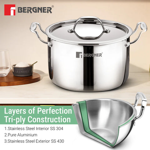 Bergner Argent Samsara Triply Stainless Steel 22cm (5L) Stock Pot with Lid Casserole with Stay Cool Cast Handles Less Oil Use Healthy Cooking Easy to Clean Full Induction Gas Stove Compatible