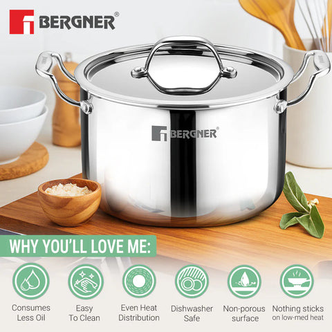 Bergner Argent Samsara Triply Stainless Steel 22cm (5L) Stock Pot with Lid Casserole with Stay Cool Cast Handles Less Oil Use Healthy Cooking Easy to Clean Full Induction Gas Stove Compatible