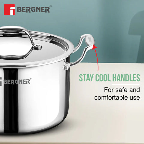Bergner Argent Samsara Triply Stainless Steel 22cm (5L) Stock Pot with Lid Casserole with Stay Cool Cast Handles Less Oil Use Healthy Cooking Easy to Clean Full Induction Gas Stove Compatible