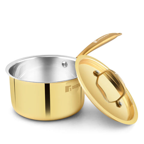Bergner Peetlam Saucepan with Lid 16cm (1.6L), Traditional Brass Saucepan with Tin (Kalai) Coated, Healthy Cooking, Ergonomic PVD Gold Handle with Comfortable Grip, Durable - Gas Stove Compatible