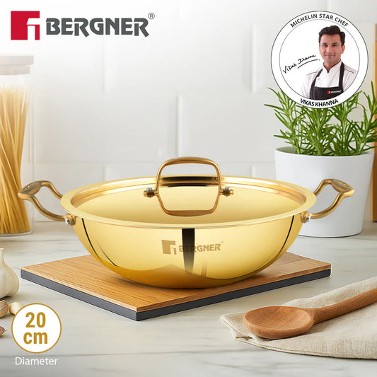 Bergner Peetlam 28cm (4.3L) Kadai with Lid, Brass Kadai with Tin (Kalai) Coated, Healthy Cooking, Traditional Kadhai with Ergonomic PVD Gold Handle, Comfortable Grip, Durable - Gas Stove Compatible