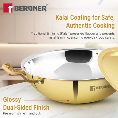 Bergner Peetlam 24cm (2.5L) Kadai with Lid, Brass Kadai with Tin (Kalai) Coated, Healthy Cooking, Traditional Kadhai with Ergonomic PVD Gold Handle, Comfortable Grip, Durable - Gas Stove Compatible